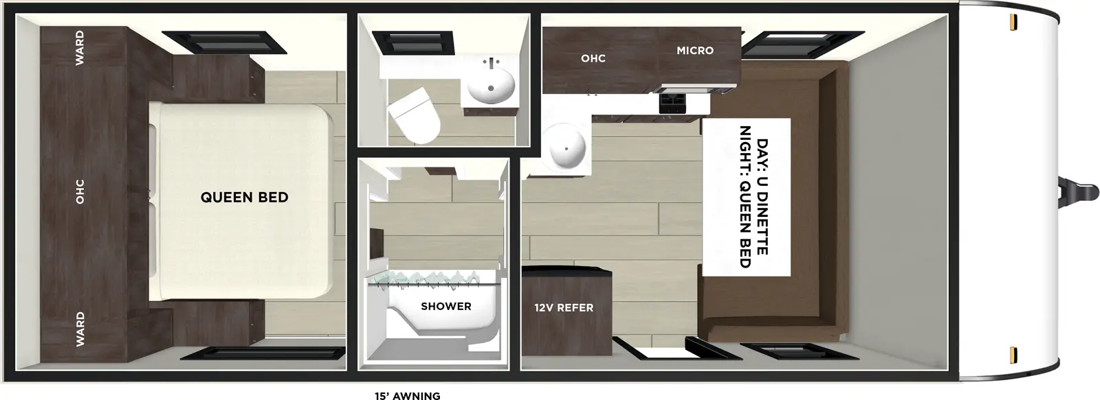The Wildwood FSX 161QK floorplan has one entry and zero slide outs. Exterior features include: fiberglass exterior, 15' awning and outside kitchen. Interiors features include: u-dinette and pass through bathroom.